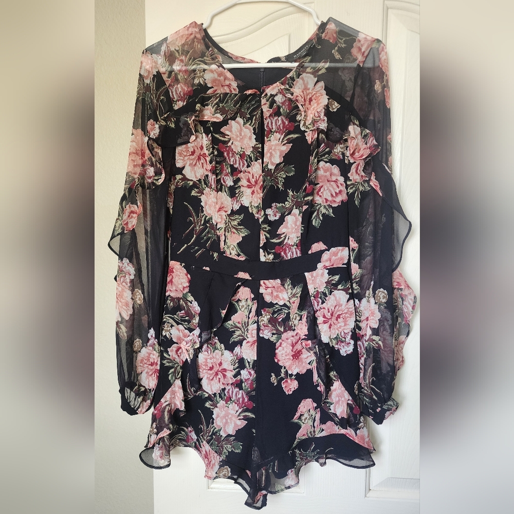 BARDOT- gorgeous chiffon ruffled romper, black floral-size XS